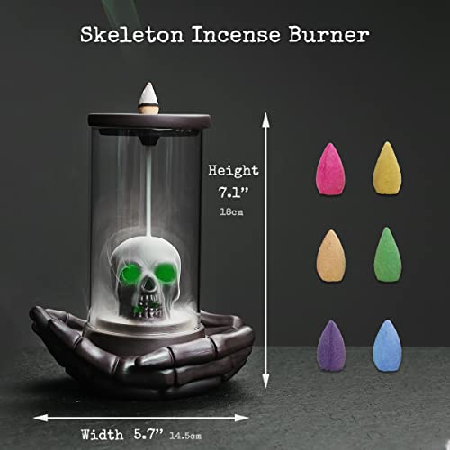 Skull Incense Burner Holder - Backflow Waterfall , LED Ceramic Unique Skeleton Incense Burner with 15 Incense Cones for Halloween/Aromatherapy/Yoga/Home/Room/Office Deco