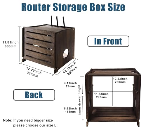 Wooden WiFi Router Storage Box Charcoal Retro Wood Router Hider Box Modem Store Boxes, Double-Layers WiFi Hiding Boxes Internet Hiders No Signal Blocking Router Cabinet Wood