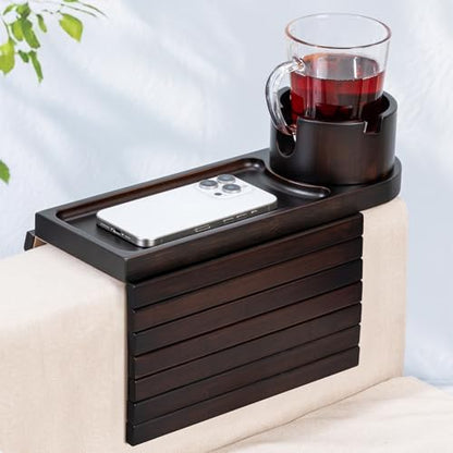 Couch Cup Holder for Armrests Over 4.9" Wide with 360° Phone Stand Walnut | Couch Arm Tray with 360° Rotating Phone Stand, 3 in 1 Foldable Sofa Arm Tray Table for Remote, Snacks, Phone, Drinks