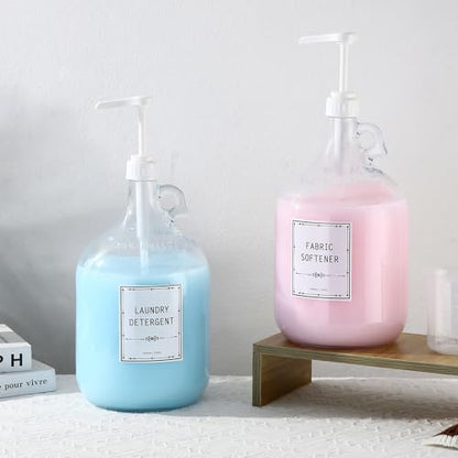 2pcs Glass Liquid Laundry Detergent Dispenser-1 Gallon Glass Pump Bottle Dispensers-Laundry Detergent Dispenser for Fabric Softener, Bleach, Shampoo, Body Wash- Laundry Soap Dispenser
