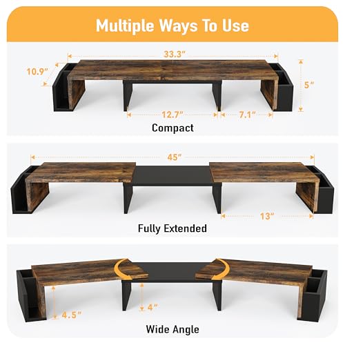Simple Houseware Desk Dual Monitor Stand Riser with Drawer, Rustic Brown | Customizable Organizer Tray, Built-In Phone & Tablet Slot and Side Storage