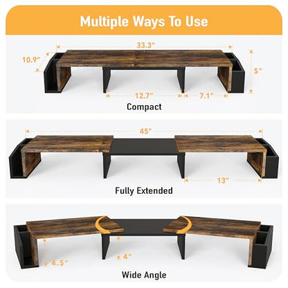Simple Houseware Desk Dual Monitor Stand Riser with Drawer, Rustic Brown | Customizable Organizer Tray, Built-In Phone & Tablet Slot and Side Storage