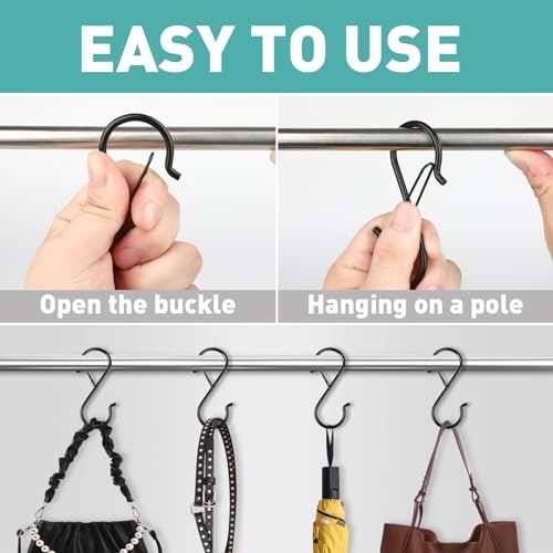 40 Pcs S Hooks for Hanging Heavy Duty, Metal S Hook with Safety Buckle | 3.5-inch S Hook for Hanging Plants, Suitable for 0.5 inch Rods, Purse Hooks, Perfect for Closet, Kitchen, Pot, Pan, Bags