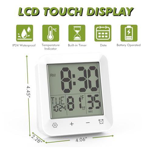 Digital Shower Clock Waterproof, Bathroom Wall Clock Timer with Touch Screen, Temperature, LCD Display, Suction Cup Hanging Hole Stand for Kids and Adults
