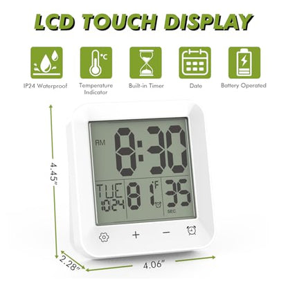 Digital Shower Clock Waterproof, Bathroom Wall Clock Timer with Touch Screen, Temperature, LCD Display, Suction Cup Hanging Hole Stand for Kids and Adults