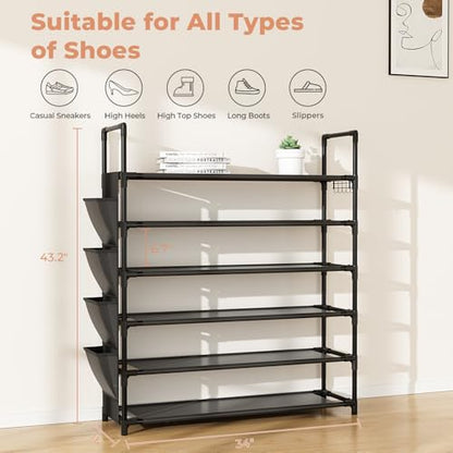 LANTEFUL 6 Tier Shoe Rack, Shoe Organizer Storage for 24-30 Pairs Shoe and Boot, Long Shoe Shelf with Hook and Side Pocket Free Standing Tall Shoe Rack Organizer for Closet, Entryway, Dorm
