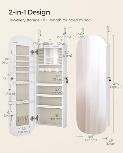 SONGMICS Jewelry Organizer, LED Jewelry Cabinet Wall/Door Mounted, Lockable Rounded Wide Mirror with Storage, Interior Mirror, 3.9 x 16.5 x 42.5 Inches, White Surface with Greige Lining