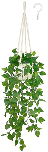 Mkono Fake Hanging Plant, Macrame Hanger with Pothos Vines & Pot, Ivory | Artificial Hanging Plants for Home Decor Indoor, Realistic Look, Perfect for Bedroom Bathroom Kitchen Office Boho Display