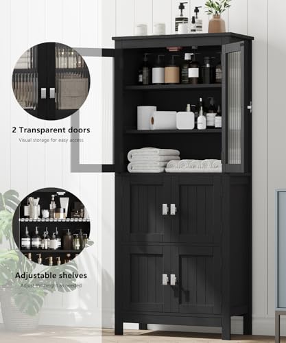 53.1" Tall Bathroom Cabinet 6 Doors Linen Floor Storage Cabinet | Bathroom Floor Cabinet with Adjustable Shelf, Pantry Cabinet for Living Room, Kitchen, Entryway, Black
