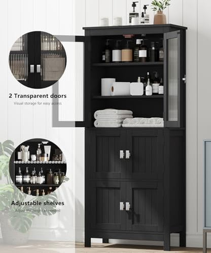 53.1" Tall Bathroom Cabinet 6 Doors Linen Floor Storage Cabinet | Bathroom Floor Cabinet with Adjustable Shelf, Pantry Cabinet for Living Room, Kitchen, Entryway, Black