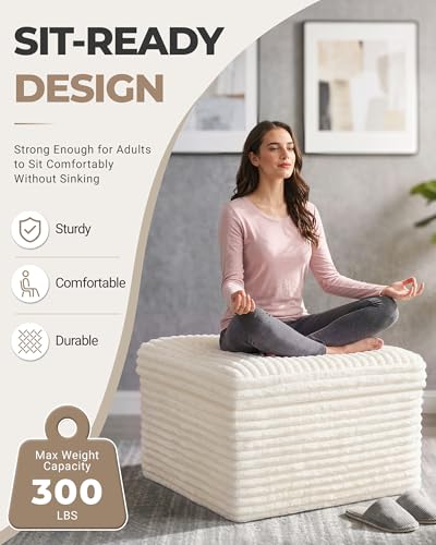 23.6in Pouf Ottoman, Corduroy Footstool Foot Rest Seating, Beige | Dual-layer support poofy pouf with soft chunk-foam top & firm foam base. Ideal floor foot stool & seating for living room