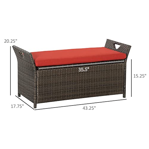 Outsunny 29 Gallon Patio Wicker Storage Bench Outdoor PE Rattan Red | Furniture, 2-In-1 Large Capacity, Rectangle Garden Storage Box, Handles, Cushion