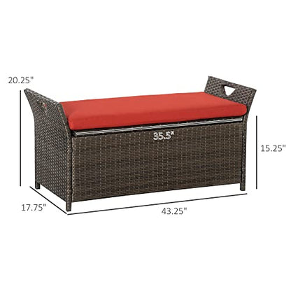 Outsunny 29 Gallon Patio Wicker Storage Bench Outdoor PE Rattan Red | Furniture, 2-In-1 Large Capacity, Rectangle Garden Storage Box, Handles, Cushion