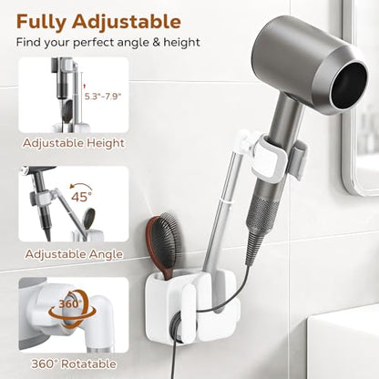 MoKo Hair Dryer Holder Wall Mount, Anti-Sag Adjustable Blow Dryer Stand | Anti-sag knob lock, 360° rotation, Height adjustable, Storage slot and cable management, No drill installation needed.