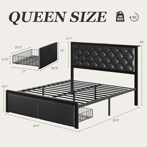 Queen Bed Frame with 2 Storage Drawers, Upholstered Headboard Button Tufted Bed Frame with Charging Station, No Box Spring Needed, Noise-Free, All Metal Structure, Black