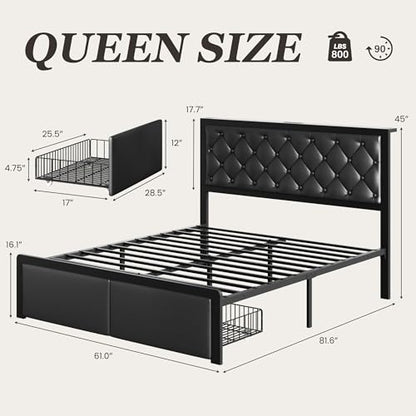 Queen Bed Frame with 2 Storage Drawers, Upholstered Headboard Button Tufted Bed Frame with Charging Station, No Box Spring Needed, Noise-Free, All Metal Structure, Black