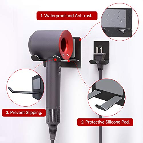 FLE Blow Dryer Holder Wall Mounted Fit for Hair Dryers Black and Gray | adhesive pad, tool-free install without drilling smooth wall surfaces
