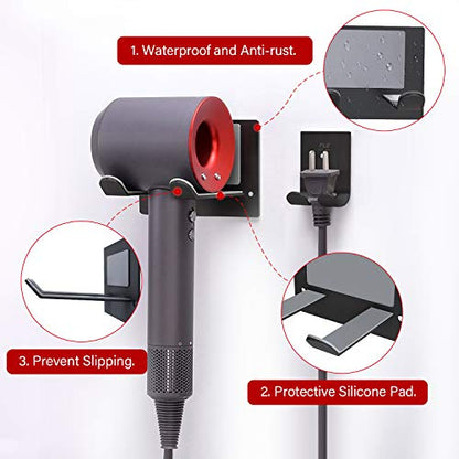 FLE Blow Dryer Holder Wall Mounted Fit for Hair Dryers Black and Gray | adhesive pad, tool-free install without drilling smooth wall surfaces