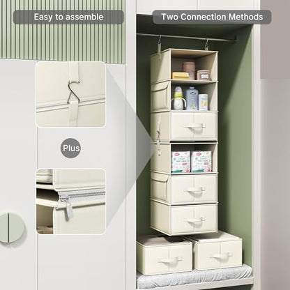 6-Shelf Hanging Closet Organizer with 3 Drawers, 2-in-1 Design, Beige | Converts into Two 3-Shelf Organizers, Foldable Drawers, Side Pockets, Ideal for Wardrobe, Nursery, Dorm & Closet Storage
