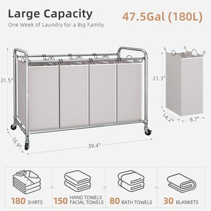 STORAGE MANIAC Laundry Sorter 4 Section, 47.5 Gal (180 L) Laundry Hamper with Wheels, Clothes Divider Basket Sorter, Separator Hamper Cart with Removable Bags, Gray