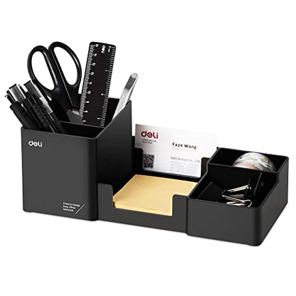 deli Desk Organizer, Plastic Desktop Organizer with Pencil Holder and Sticky Note Tray, Office Stationery Supplies Organizers Accessories Caddy, 6 Compartments, Black
