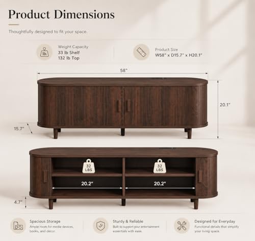 58" Mid-Century Modern TV Stand with Sliding Doors, TV Consoles with Power Outlet, Fluted Entertainment Center with Adjustable Shelves for Living Room