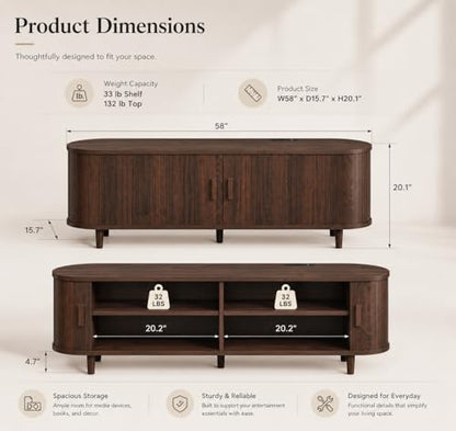 58" Mid-Century Modern TV Stand with Sliding Doors, TV Consoles with Power Outlet, Fluted Entertainment Center with Adjustable Shelves for Living Room
