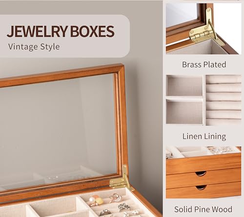 Clasin Home Jewelry Box with Glass Lid, 3 Layer Jewelry Organizer for Women, Solid Wooden Jewelry Box Display for Ring Earrings Necklace Bracelet, Pine Wood Jewelry Boxes Vintage Style for Gifts