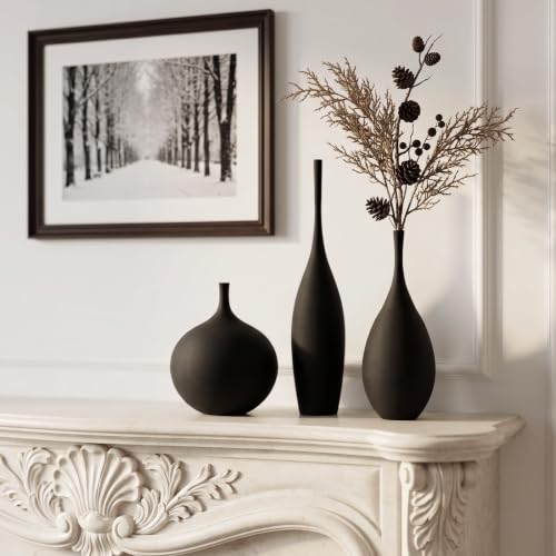 Black Ceramic Vases Set of 3, Modern Boho Vases for Centerpiece Decor, Matte Minimalist Decorative Vases for Home Decor, Living Room, Bookshelf, and Entryway Table Decor