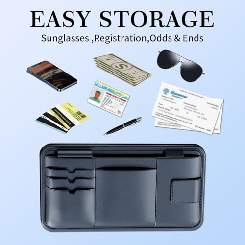 Car Visor Organizer, Premium Leather Sunglasses & Card Holder for Cars, Registration/Insurance Slot, Credit Card Pockets, Automotive Interior Organizer for Car Sun Visor (Black Leather)
