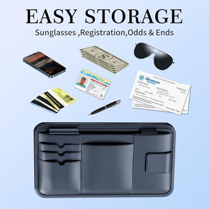 Car Visor Organizer, Premium Leather Sunglasses & Card Holder for Cars, Registration/Insurance Slot, Credit Card Pockets, Automotive Interior Organizer for Car Sun Visor (Black Leather)