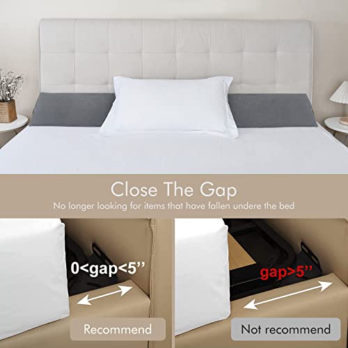 Vekkia Queen Bed Wedge Pillow for Headboard Gap Filler(0-5"),High-Density Foam,Prevents Pillows & Items from Falling,Ergonomic Design,Large Storage Pockets, Removable&Washable Cover,Gray,60''x10''x6''