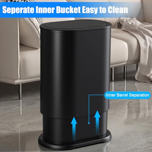 Anzoymx Stainless Steel Bathroom Trash Cans 1.8 Gallons Small Garbage Can with Pop up Lid, Metal Narrow Wastebasket, Slim Waterproof Litter Trash Bins Set for Bedroom, Toilet, Office (Black)