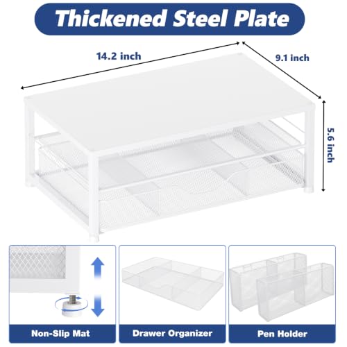 Desk Organizer and Accessories, 2-Tier Computer Monitor Stand Riser with Drawer and 2 Pen Holders, Laptop Stand, Office Desk Accessories for Office Supplies, 1 Pack, White