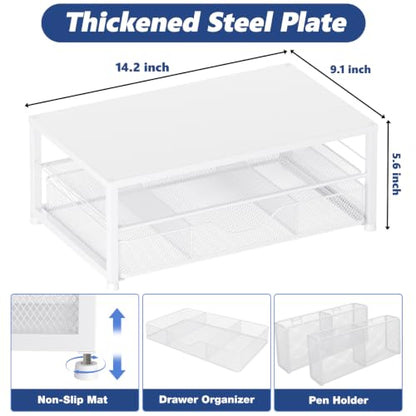 Desk Organizer and Accessories, 2-Tier Computer Monitor Stand Riser with Drawer and 2 Pen Holders, Laptop Stand, Office Desk Accessories for Office Supplies, 1 Pack, White
