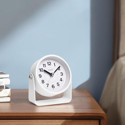 Analog Alarm Clock with Snooze & Light, Silent Non-Ticking, White | On-demand light, quartz movement, battery operated, easy to set, gentle wake alarm, bedside clock for home, travel, or office