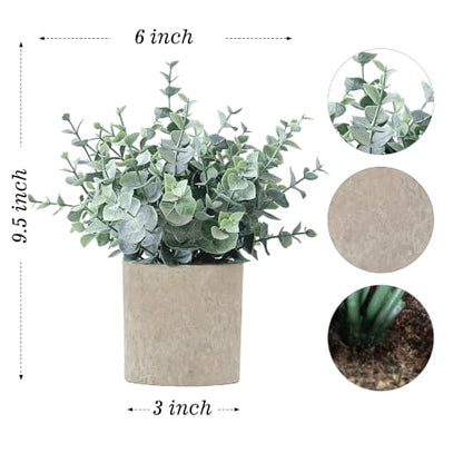 2 Pack Small Fake Eucalyptus Plants for Office Bathroom Decor | Sage Green Frosted Artificial Plant Safe for pet and Child | No Watering Farmhouse Decor for Shelf Desk Bedroom Coffee Table