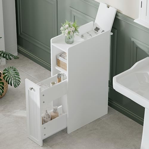 ChooChoo Slim Bathroom Storage Cabinet with Slide Out Drawers | Narrow Storage Organizer with Hidden Storage, Freestanding Toilet Paper Holder, Bathroom Cabinet for Small Places, White