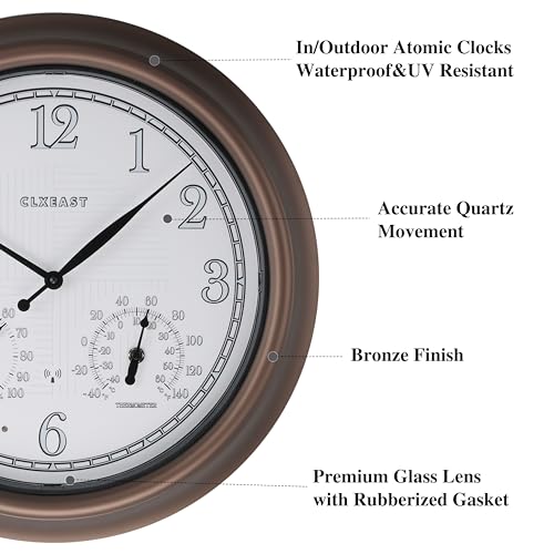 18" Illuminated Outdoor Atomic Analog Clocks Waterproof,IP65 Rating | Auto DST Adjust, Built In Adjustable Thermometer & Hygrometer, Bronze, Accurate & Easy to Read for Patio,Pool & Garden