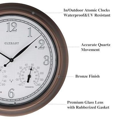 18" Illuminated Outdoor Atomic Analog Clocks Waterproof,IP65 Rating | Auto DST Adjust, Built In Adjustable Thermometer & Hygrometer, Bronze, Accurate & Easy to Read for Patio,Pool & Garden
