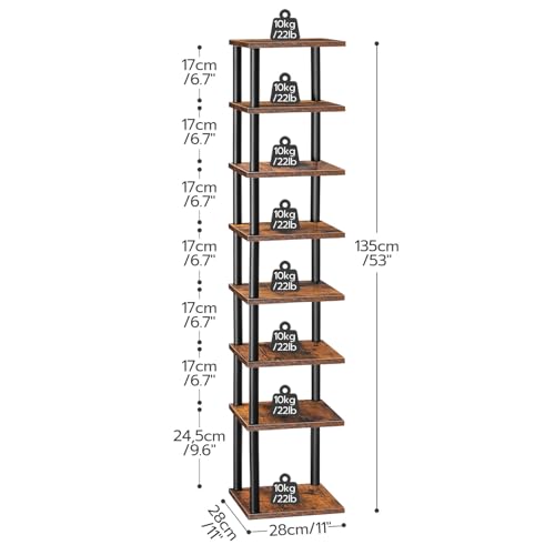HOOBRO Vertical Shoe Rack, 8-Tier Narrow Shoe Shelf, Shoe Storage Organizer for Small Space, 11" L x 11" W x 53" H, Closet, Entryway, Hallway, Bedroom, Rustic Brown and Black BF22XJ01