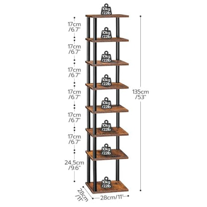 HOOBRO Vertical Shoe Rack, 8-Tier Narrow Shoe Shelf, Shoe Storage Organizer for Small Space, 11" L x 11" W x 53" H, Closet, Entryway, Hallway, Bedroom, Rustic Brown and Black BF22XJ01