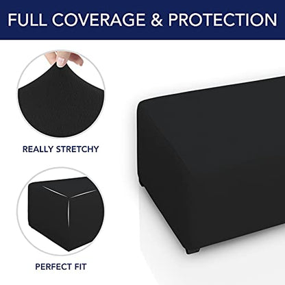PureFit Stretch Rectangle Ottoman Cover Footstool Cover, Black | Fleece Large Ottoman Slipcovers Soft Form Fit Rectangle Slipcover for Folding Storage with Nonslip Elastic Bottom