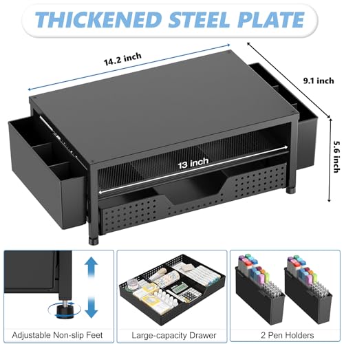 Desk Organizers and Accessories, Computer Monitor Stand Riser with Drawer and 2 Pen Holders, Printer & Laptop Stand, Office Desk Accessories & Workspace Organizers for Home Office Supplies, Black
