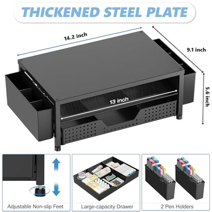Desk Organizers and Accessories, Computer Monitor Stand Riser with Drawer and 2 Pen Holders, Printer & Laptop Stand, Office Desk Accessories & Workspace Organizers for Home Office Supplies, Black