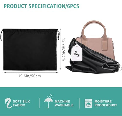 6 Pack Purse Dust Bags Large Silk Drawstring Dust Bag Cover for Handbag Shoe Storage(Black, M-19.6 × 15.7 in)