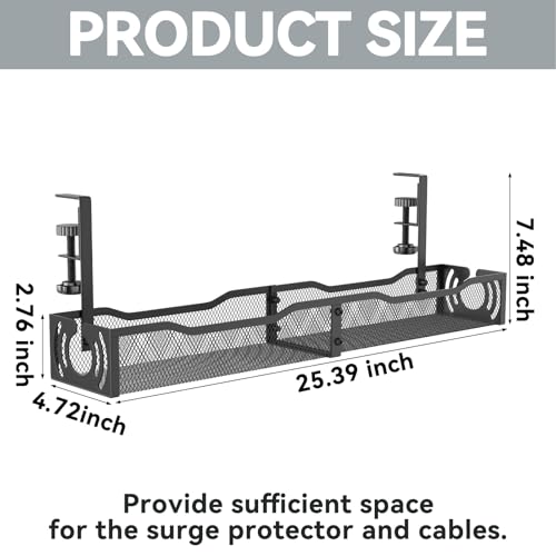 Cable Management, 25.3'' Under Desk Cable Management Tray No Drill | Metal Cable Organizer with Clamp for Wire Management, Cord Organizer for Home Office, Desk Accessories Organizer, Black