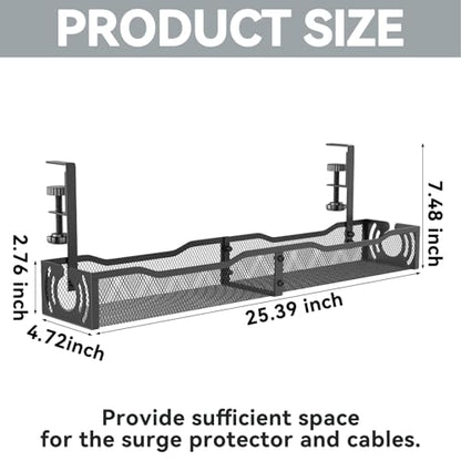 Cable Management, 25.3'' Under Desk Cable Management Tray No Drill | Metal Cable Organizer with Clamp for Wire Management, Cord Organizer for Home Office, Desk Accessories Organizer, Black