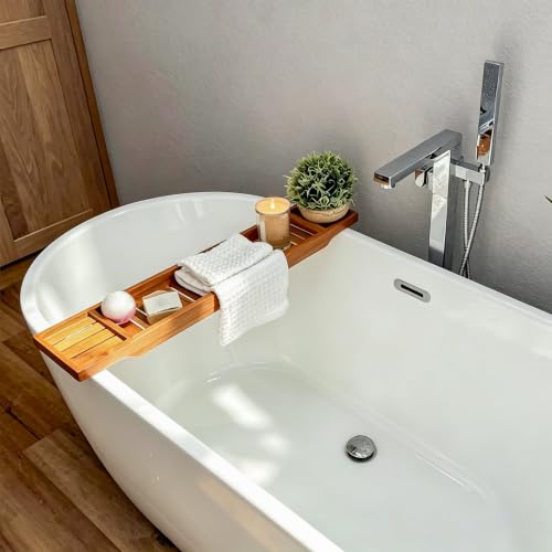 VaeFae Non-Expandable Teak Bathtub Tray, 33.8" x 6" x 1.8" | Bath Tub Wood Table for Tub, Wood Bath Table for Reading, Wine, Spa Gift for Women, Wooden Bathroom tray