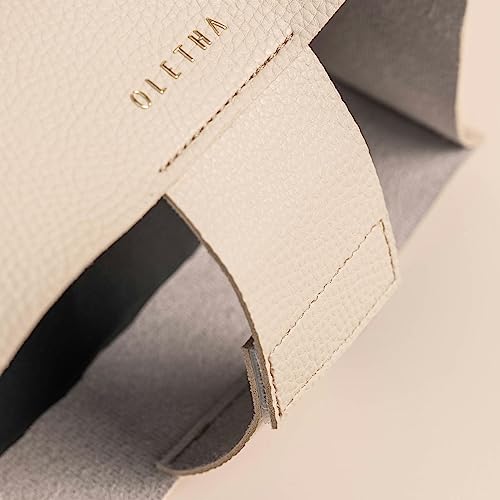 OLETHA Aesthetic Rectangle Tissue Box Cover, Standard, Light Taupe | Faux leather tissue box holder fits Kleenex 110-160 ct flat boxes; desk decor for home, office, room; velcro base; easy swap
